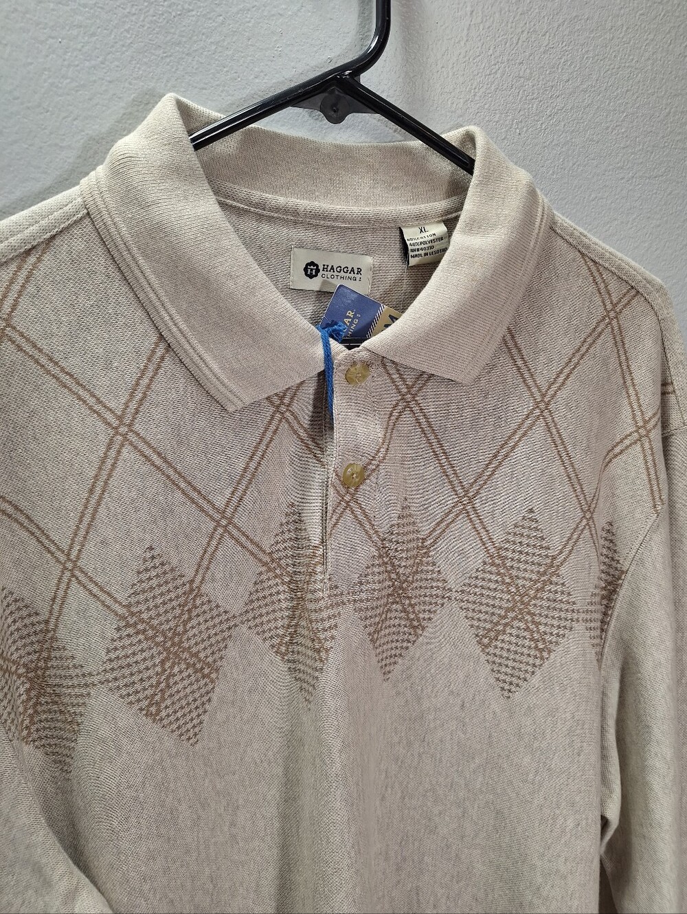 NWT Haggar Classic Fit Premium Long Sleeve Polo Oatmeal/Tan Argyle Mens XL